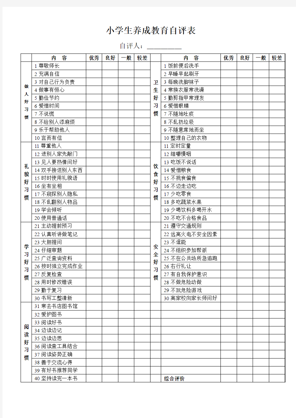 小学生养成教育自评互评表