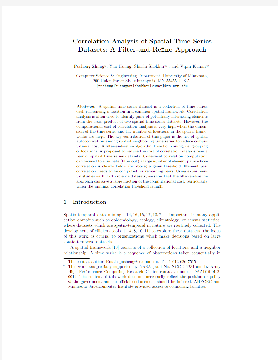 Correlation Analysis of Spatial Time Series Datasets A Filter-and-Refine Approach