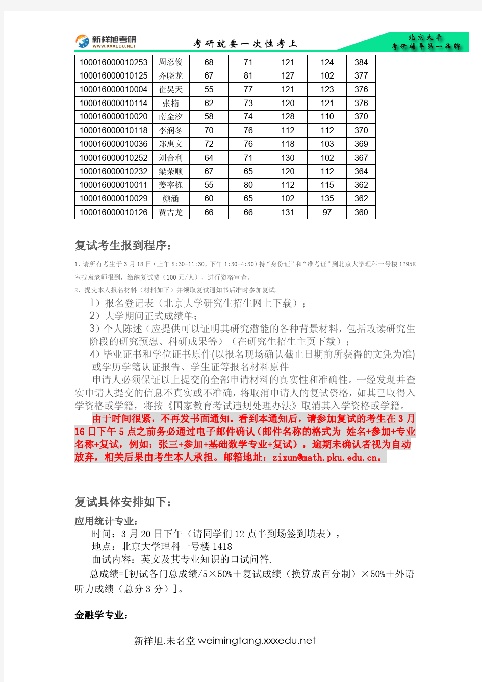 2016年北京大学数学学院考研复试名单及复试安排