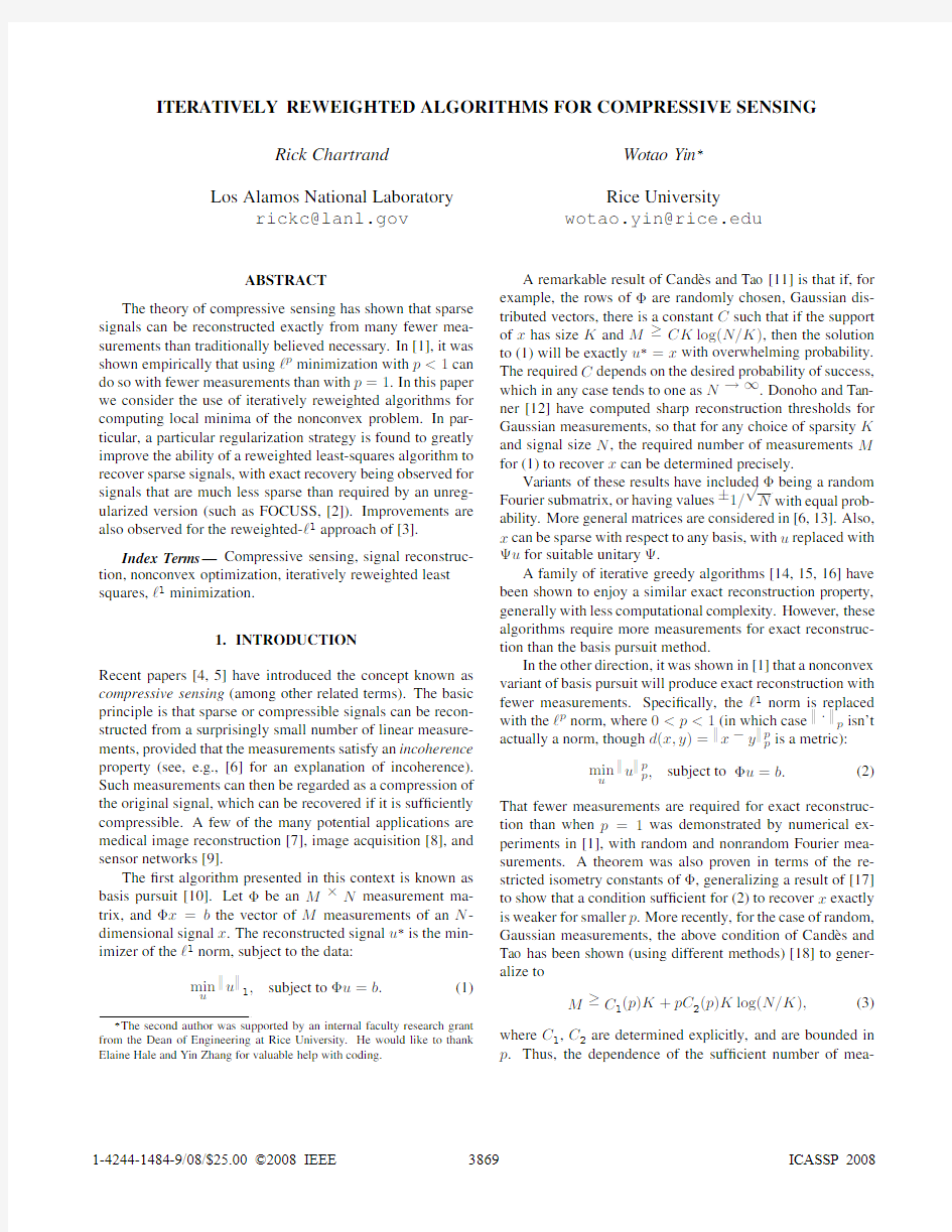 Iteratively Reweighted Algorithms for Compressive Sensing