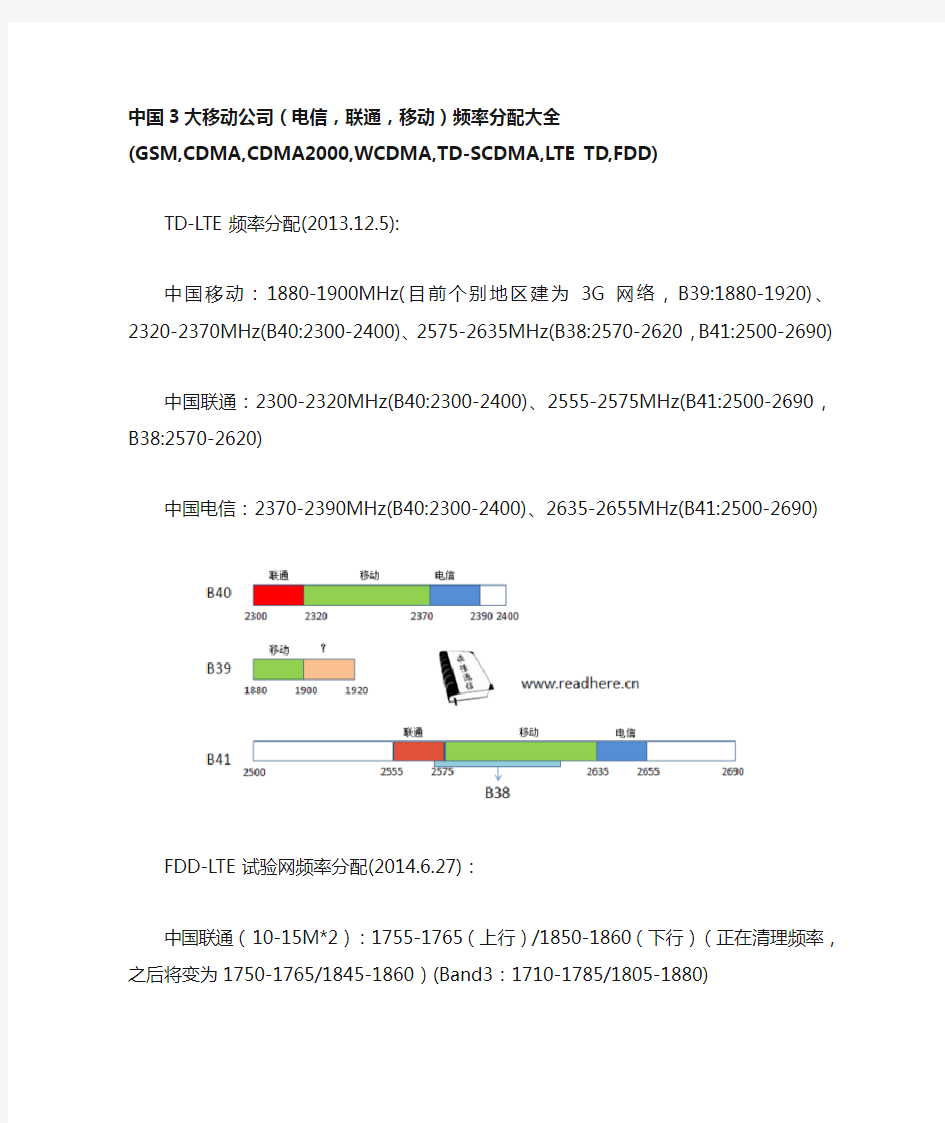 中国3大移动公司(电信,联通,移动)频率分配大全