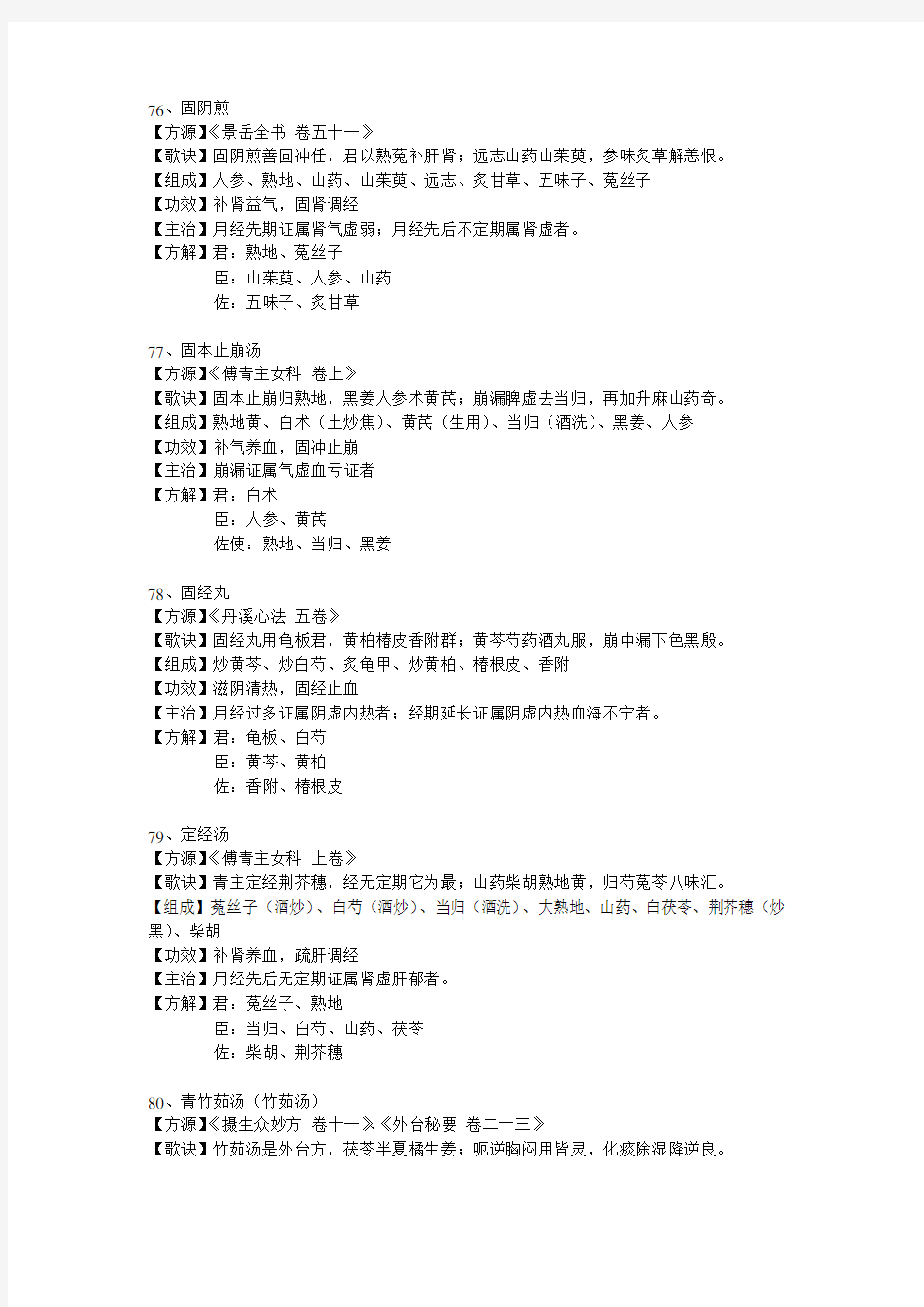 妇科常用方剂方歌主治功用75首