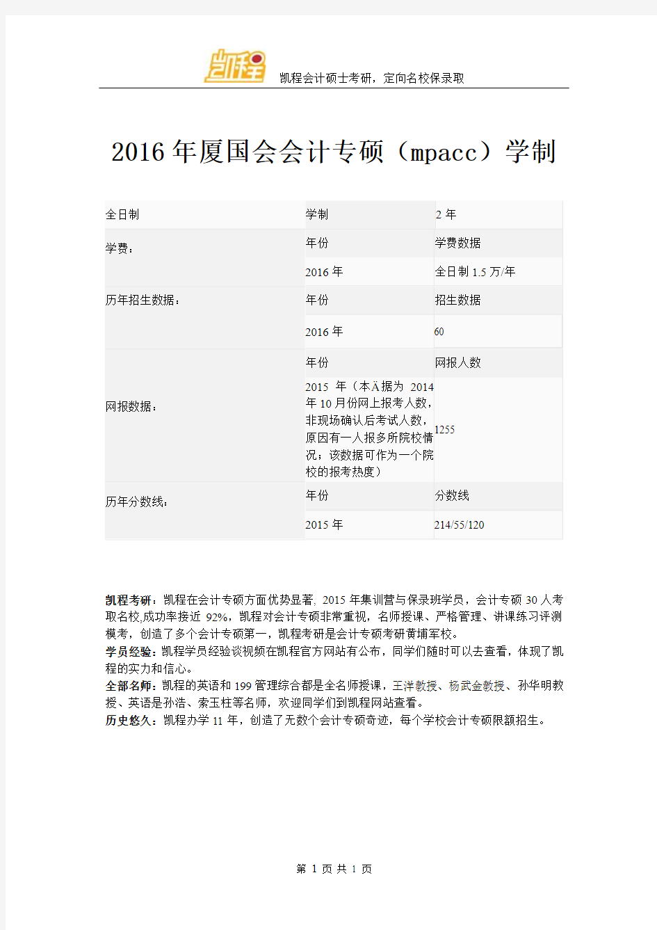 2016年厦国会会计专硕(mpacc)学制