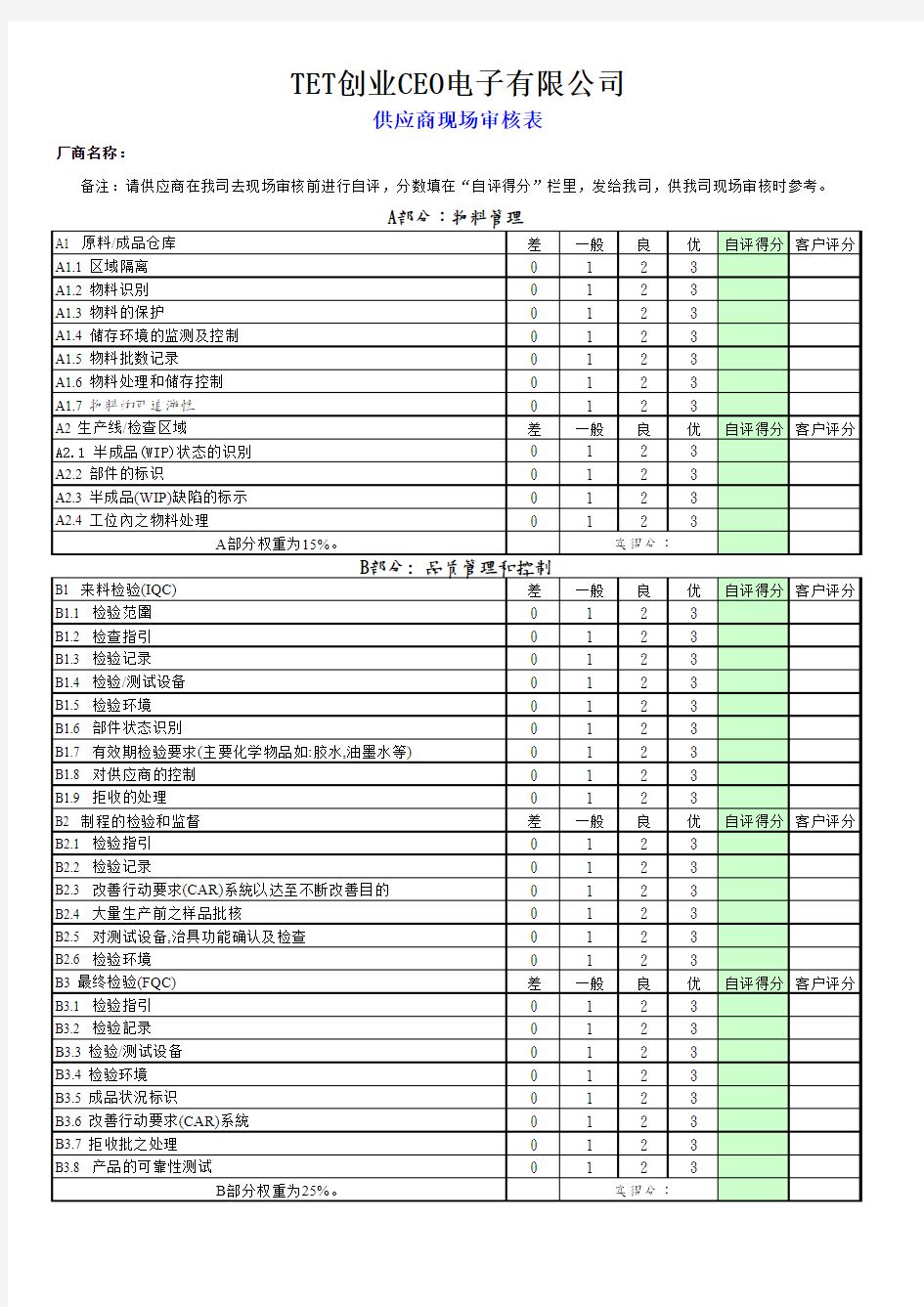 供应商现场审核表及评分