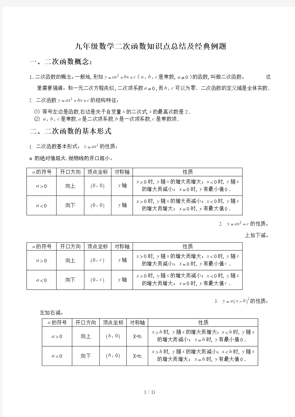 九年级数学二次函数知识点总结及经典例题