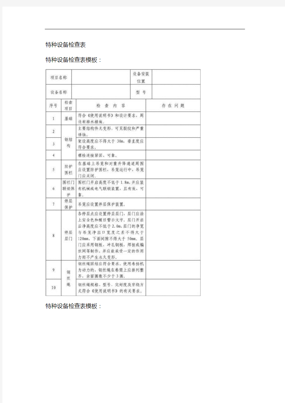 特种设备检查表