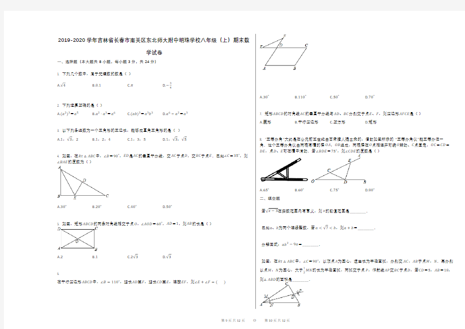 2019-2020学年吉林省长春市南关区东北师大附中明珠学校八年级(上)期末数学试卷