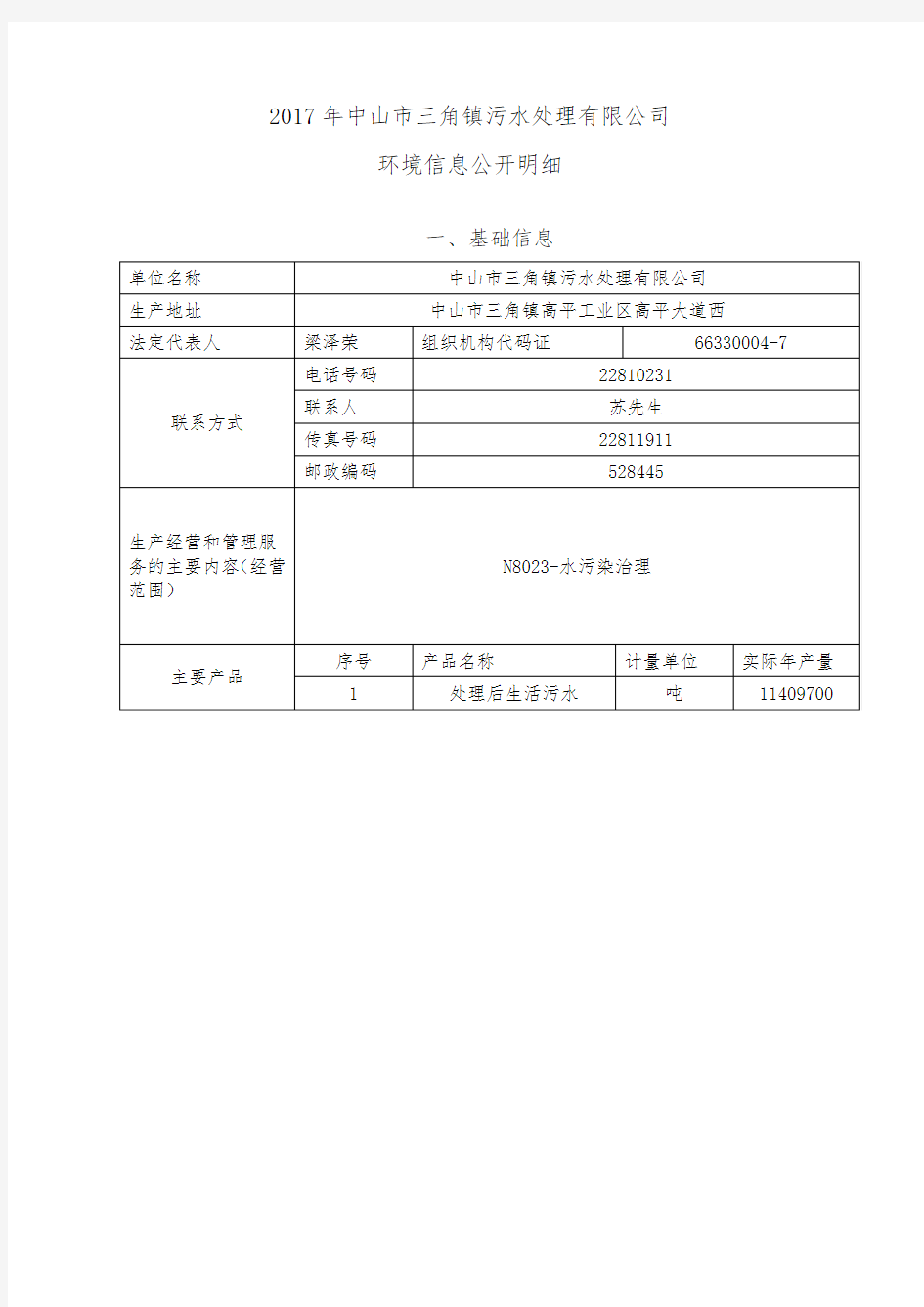 2017年中山市三角镇污水处理有限公司环境信息公开明细