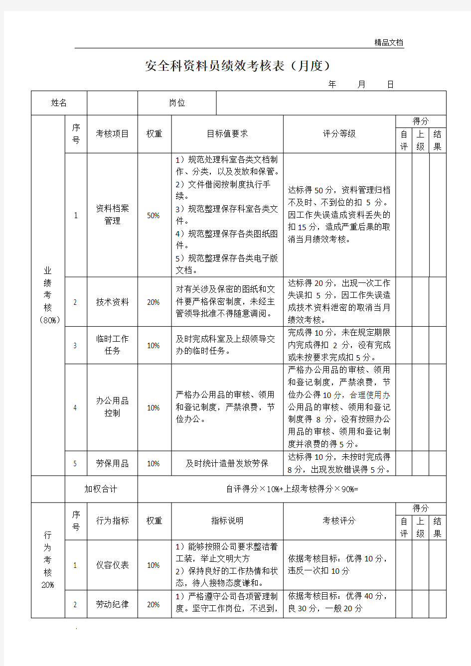 资料员考核表