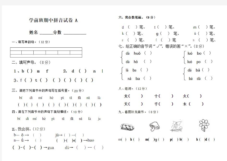 学前班上册期中拼音试卷