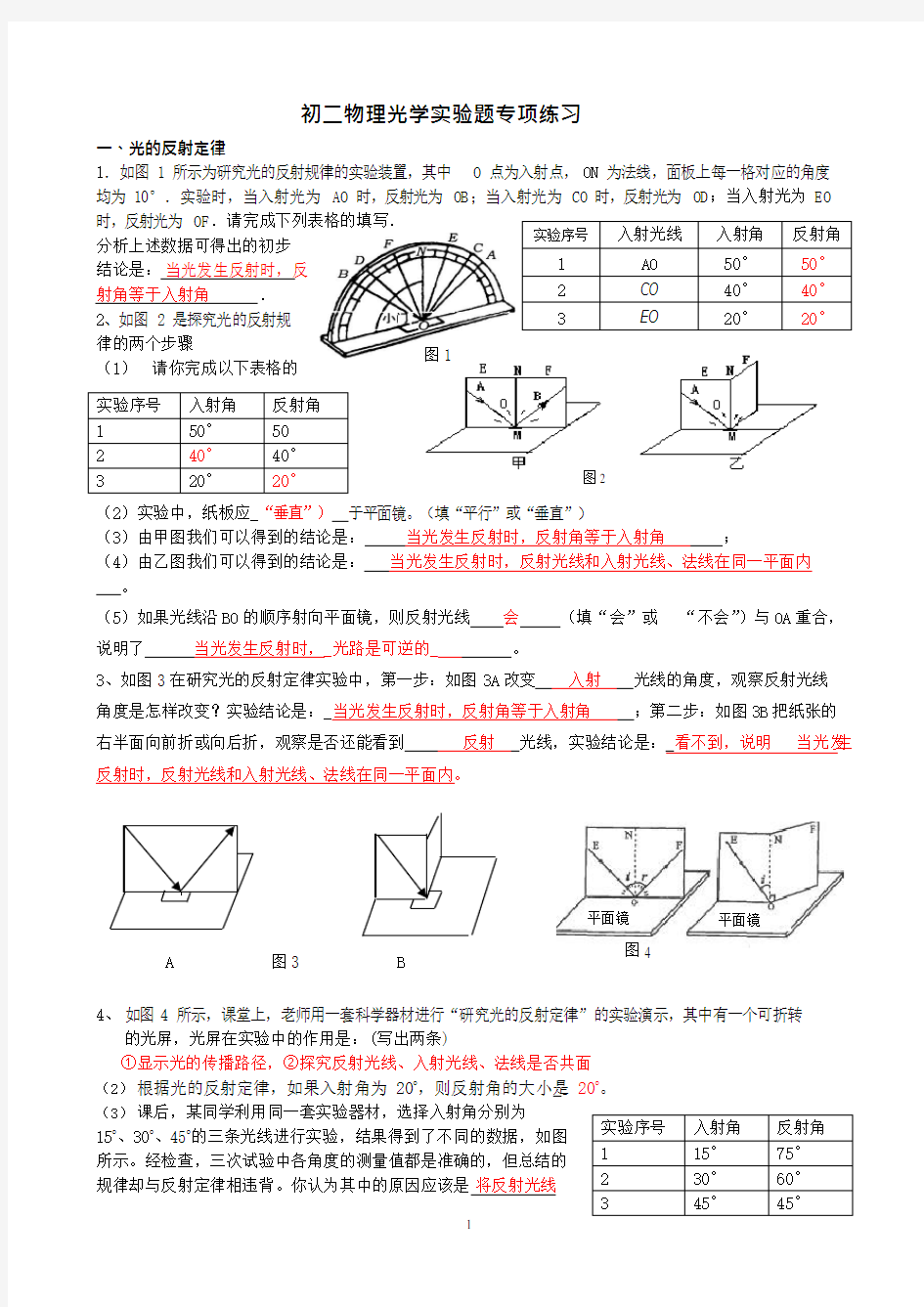 (完整版)初二物理光学实验题专项练习【含答案】