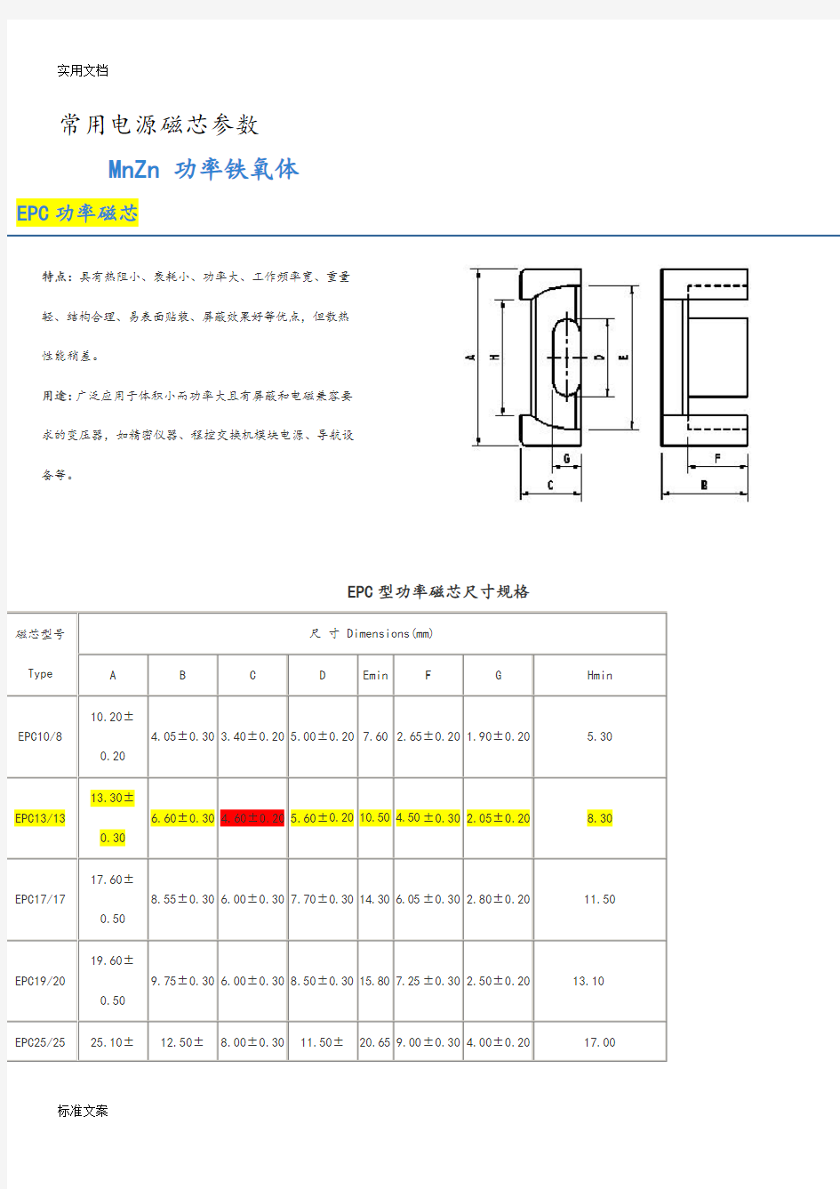 电源磁芯尺寸功率全参数