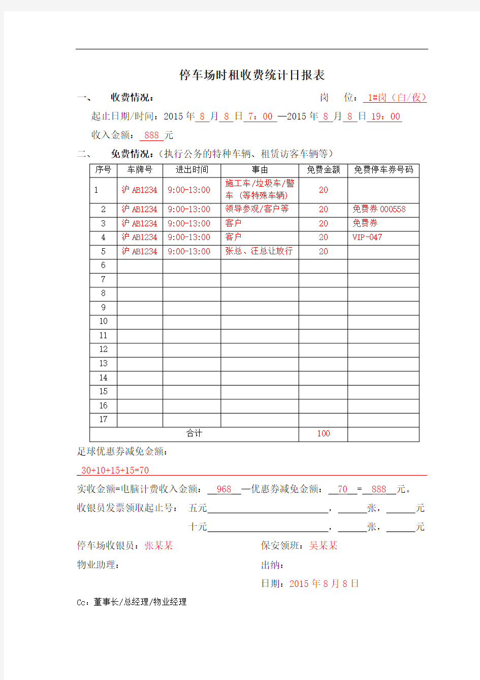 停车场时租收费统计日报表(样板)