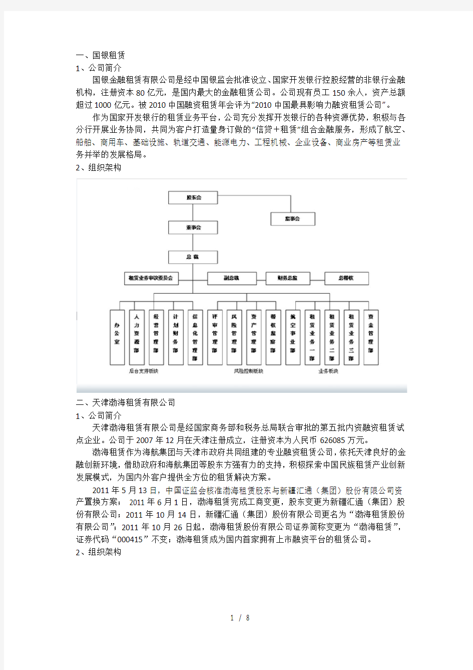 融资租赁公司组织架构