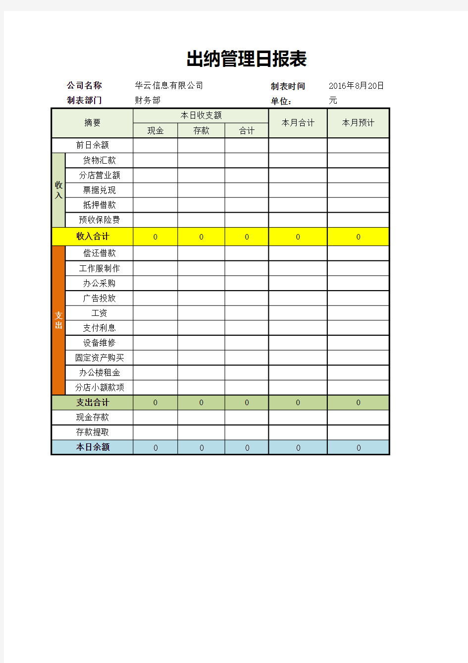 出纳管理日报表EXCEL表格