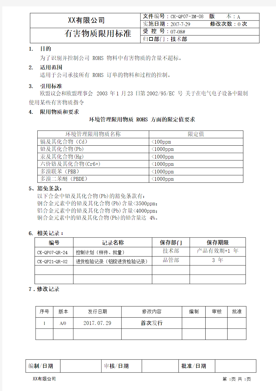 有害物质限用标准