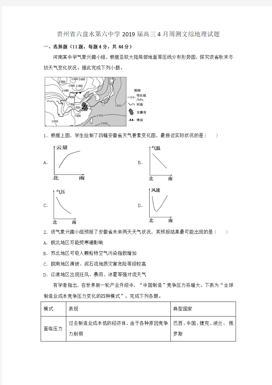 贵州省六盘水第六中学2019届高三4月周测文综地理试题