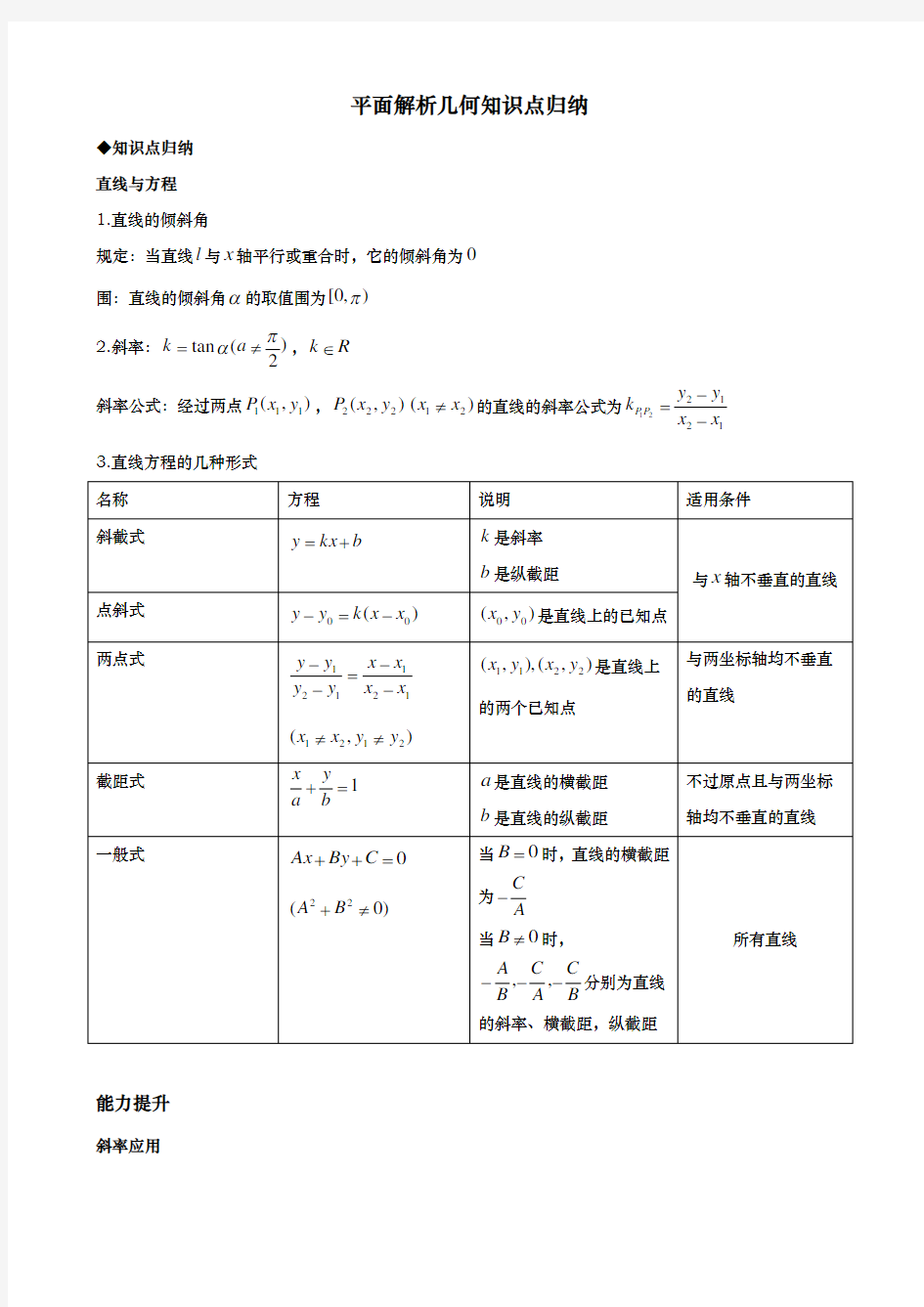 平面解析几何知识点归纳