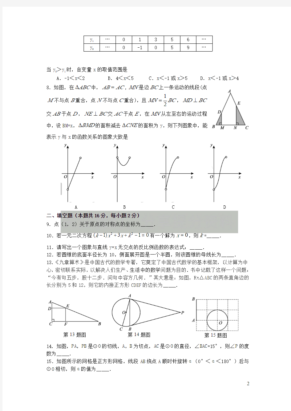 人教版九年级数学上学期期末考试试题