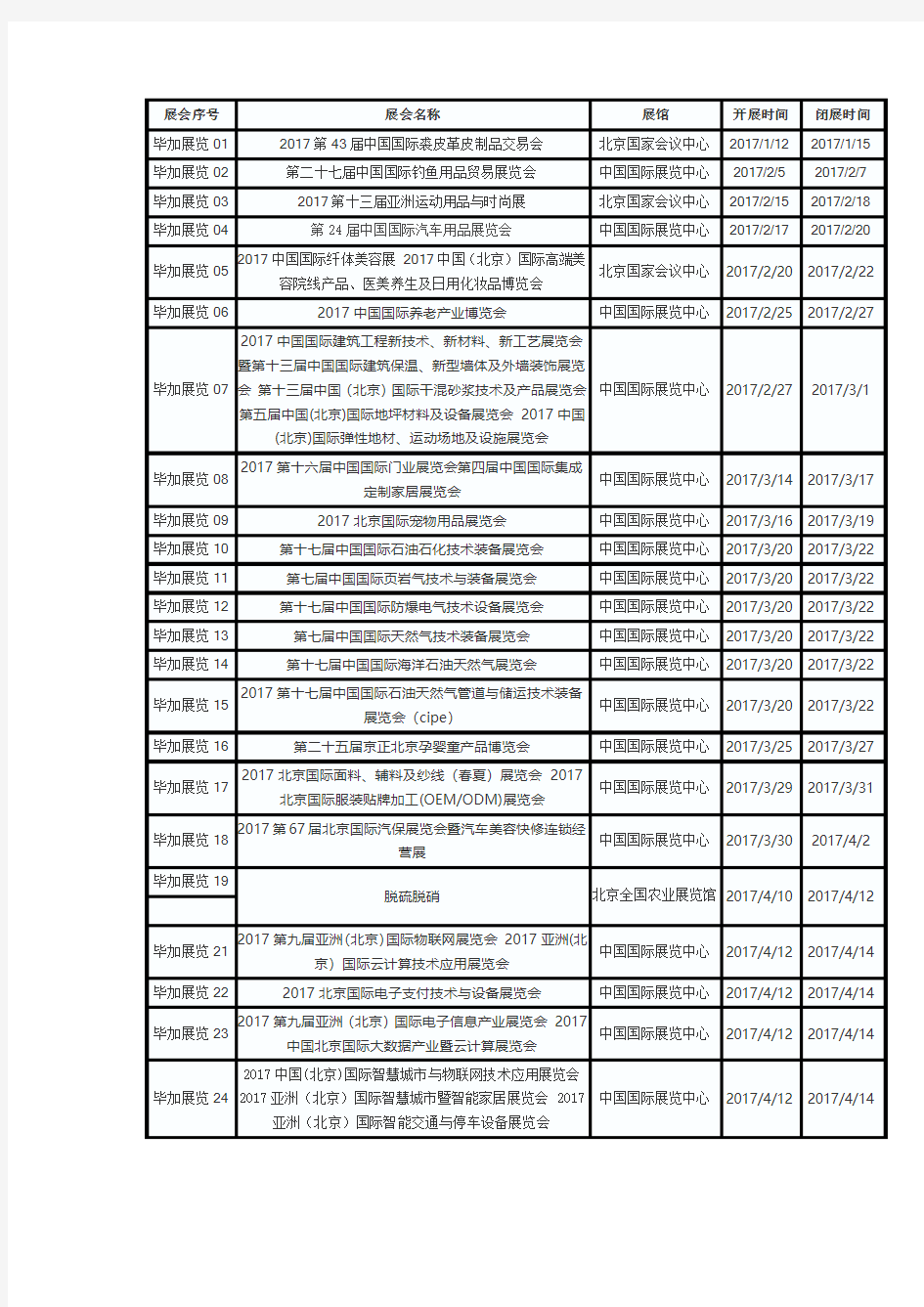 2017年北京展会排期表