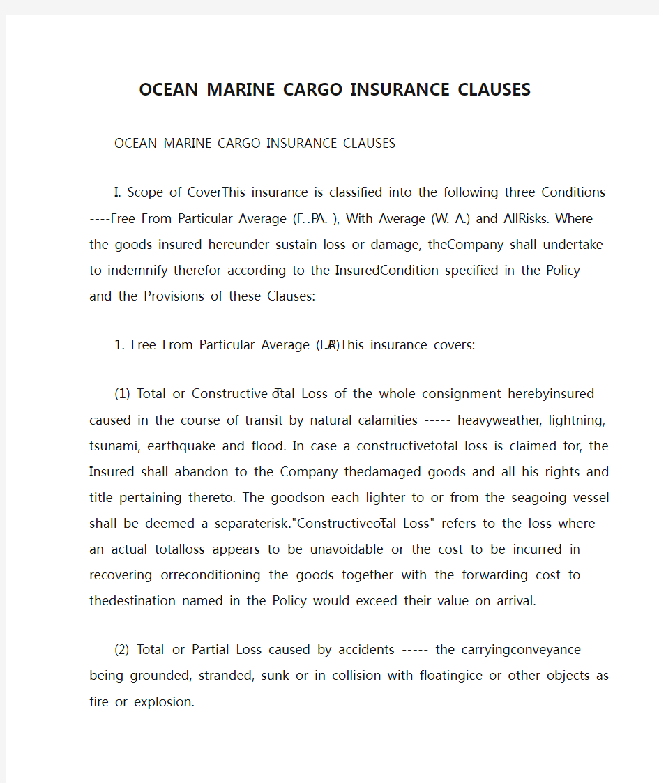 OCEAN MARINE CARGO INSURANCE CLAUSES