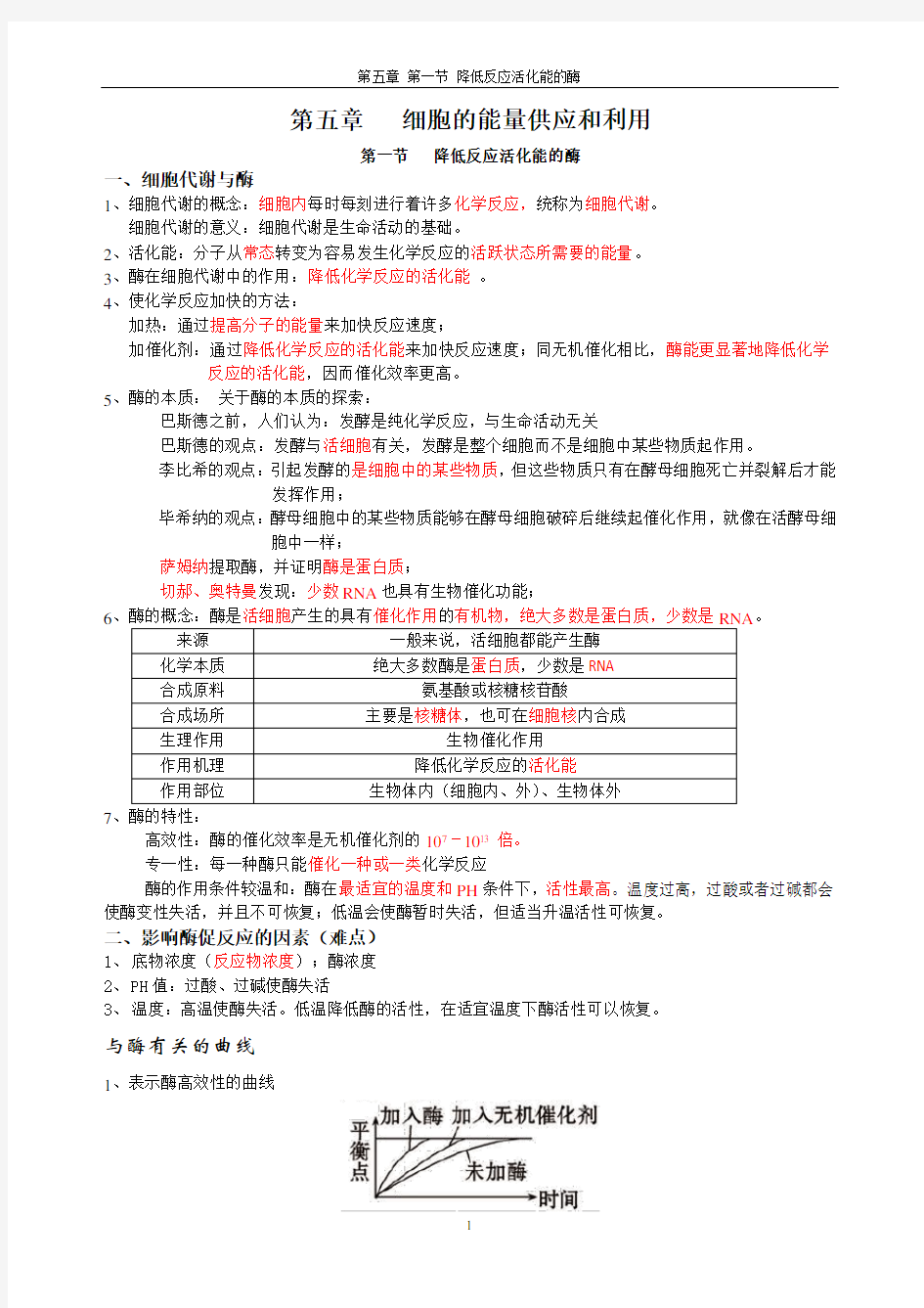 第五章 第一节 降低化学反应活化能的酶知识点