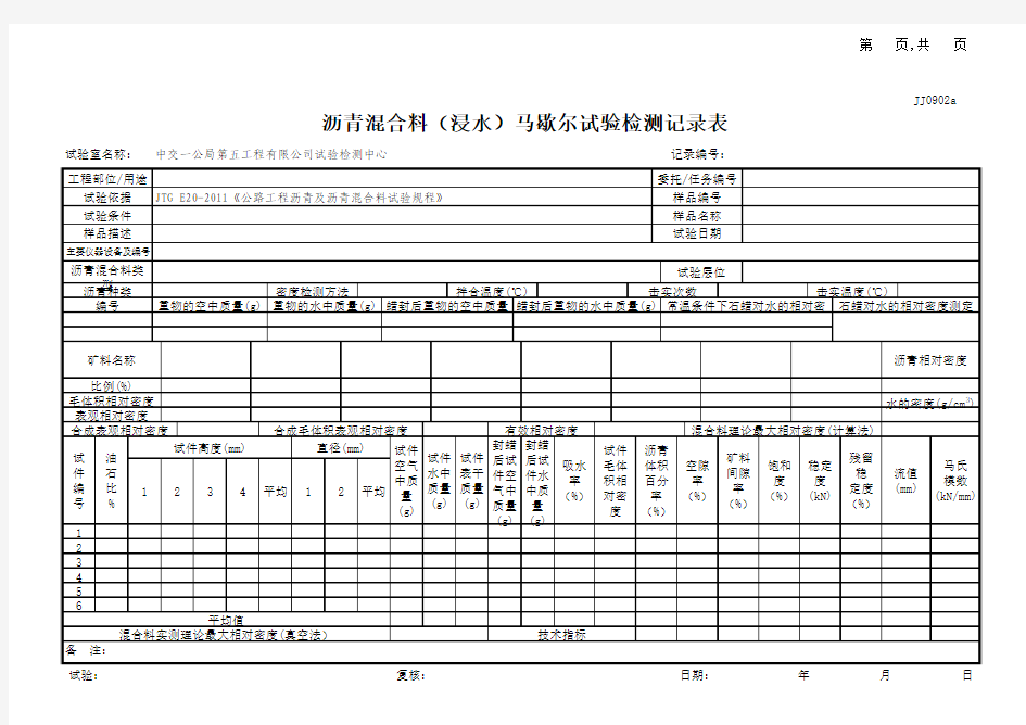 沥青混合料(浸水)马歇尔试验记录表