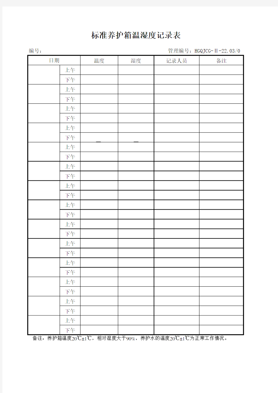 标准养护箱温湿度记录表