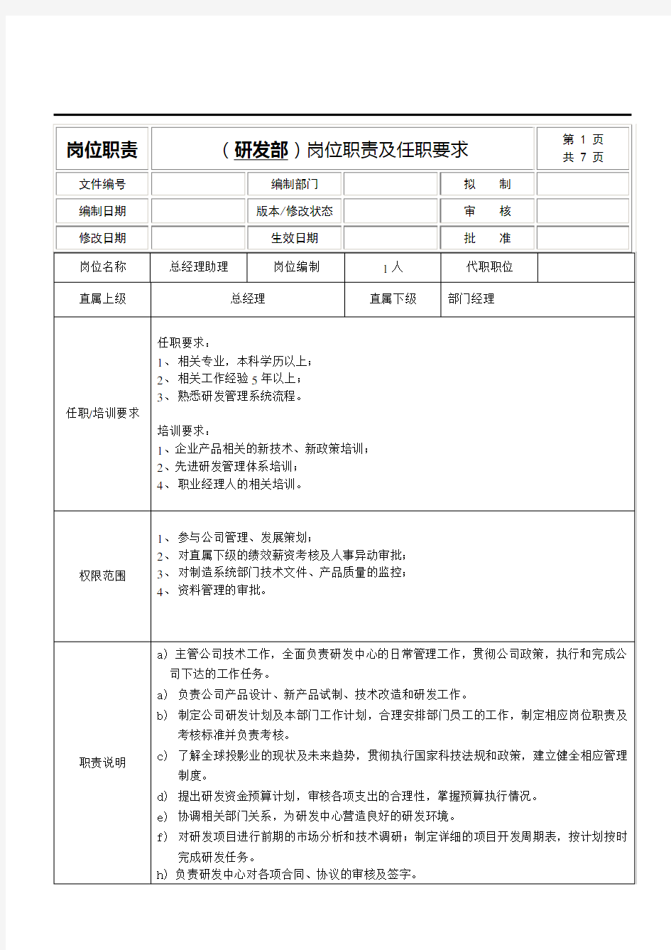 研发部组织架构岗位职责