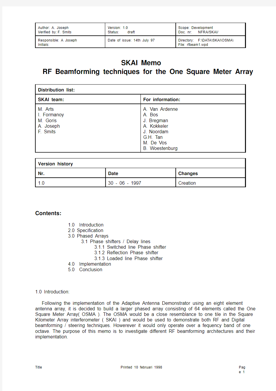 RF Beamforming techniques for the One Square Meter Array Distribution list SKAI team For in