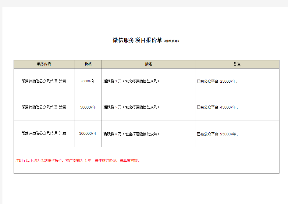 微信各项报价表