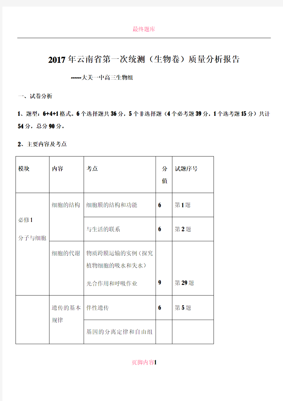 2017年云南省第一次统测(生物)质量分析报告
