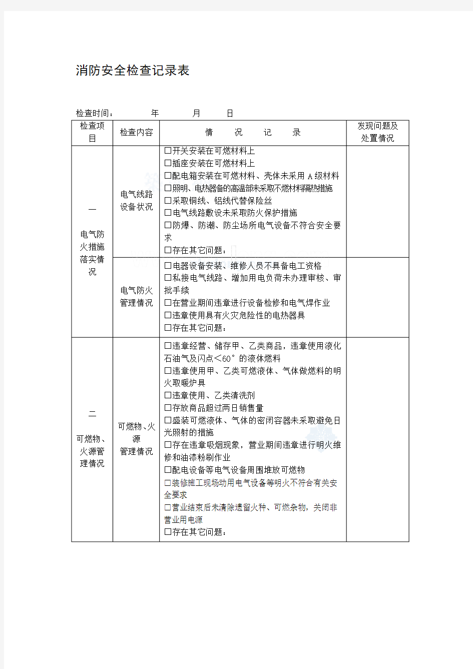 建筑工程消防安全检查记录表