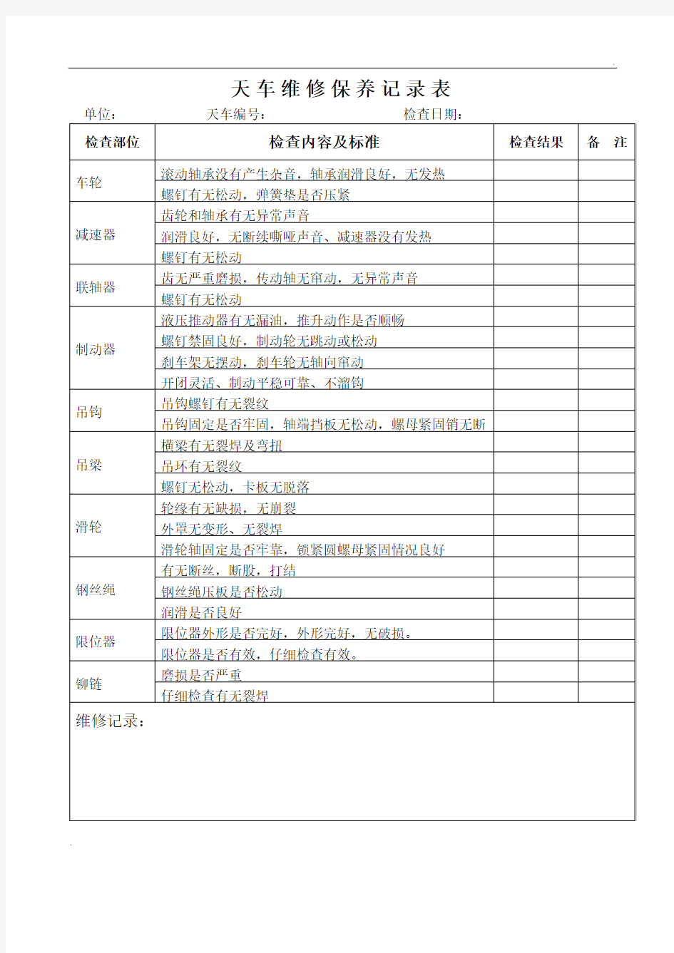 天车维修保养记录表