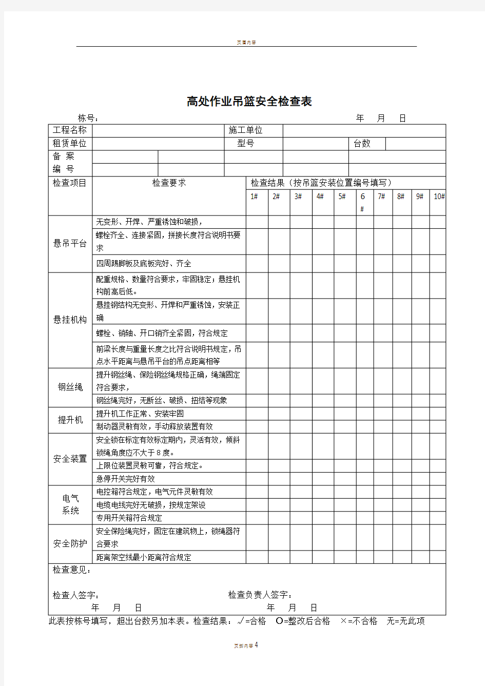 吊篮安装验收表