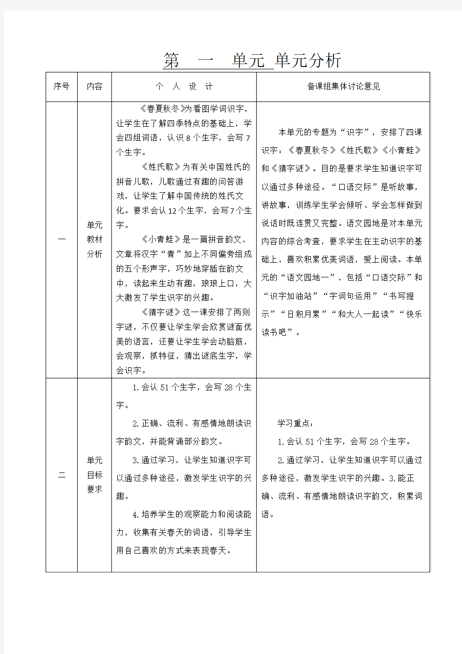 部编版一年级语文下册第一单元互动式教学设计(表格式)