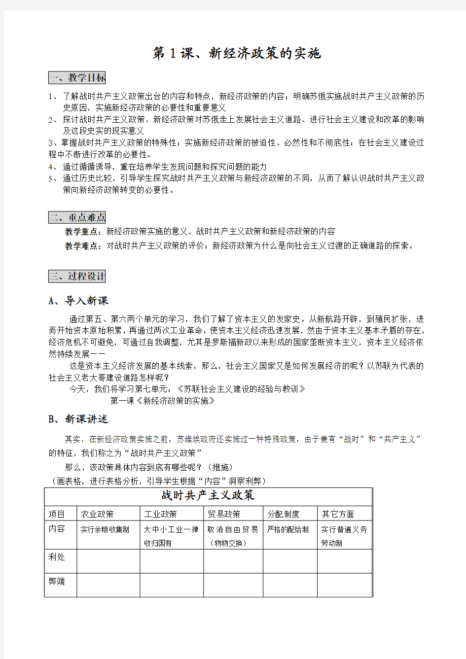 新经济政策的实施