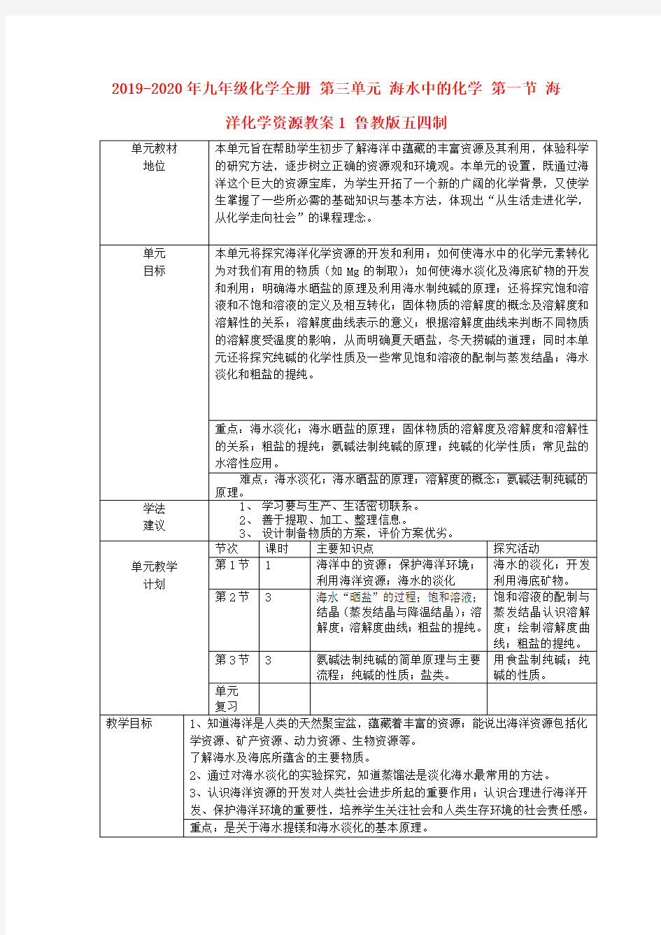 2019-2020年九年级化学全册 第三单元 海水中的化学 第一节 海洋化学资源教案1 鲁教版五四制