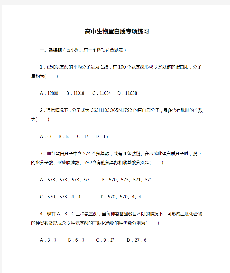 高中生物蛋白质专项练习 