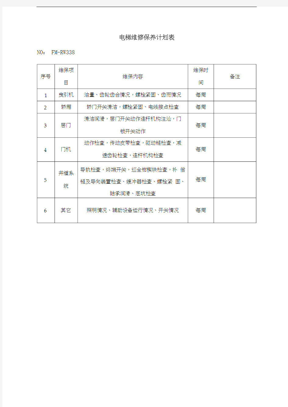 电梯维修保养计划表