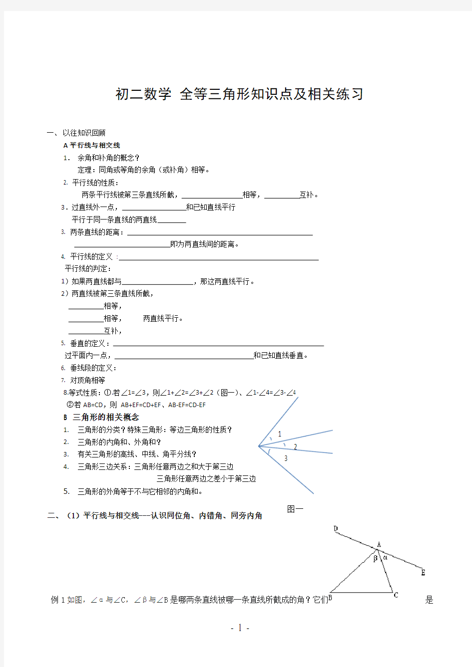 初二数学 全等三角形知识点及相关练习