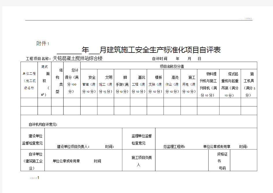 施工安全生产标准化项目自评表