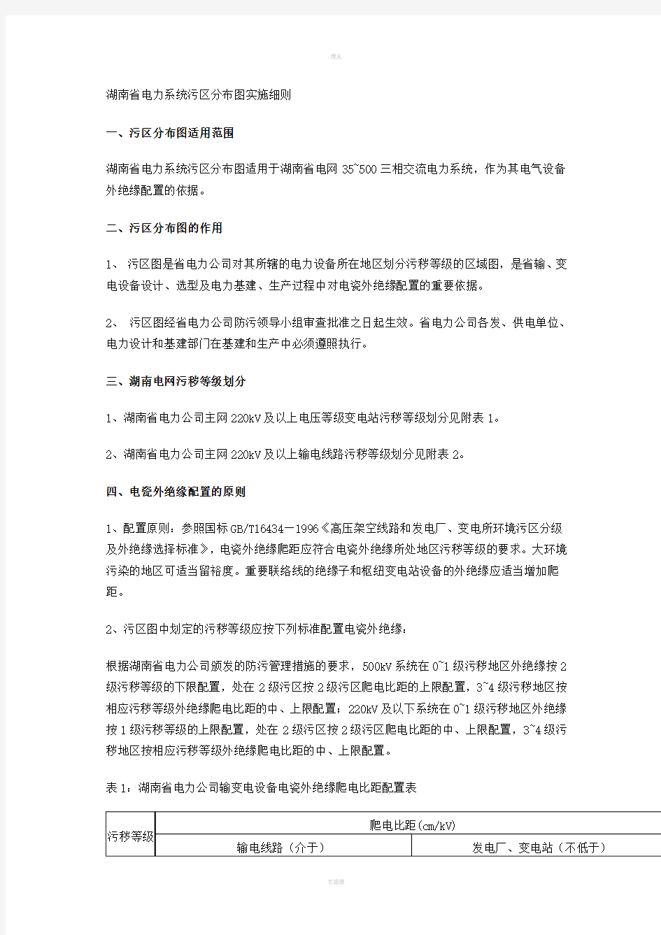 湖南省电力系统污区分布图实施细则