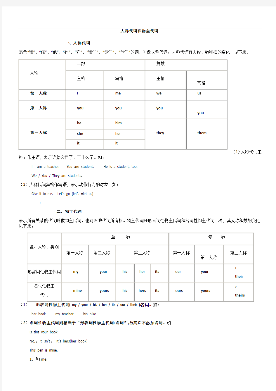 小学英语人称代词和物主代词的表格及试题