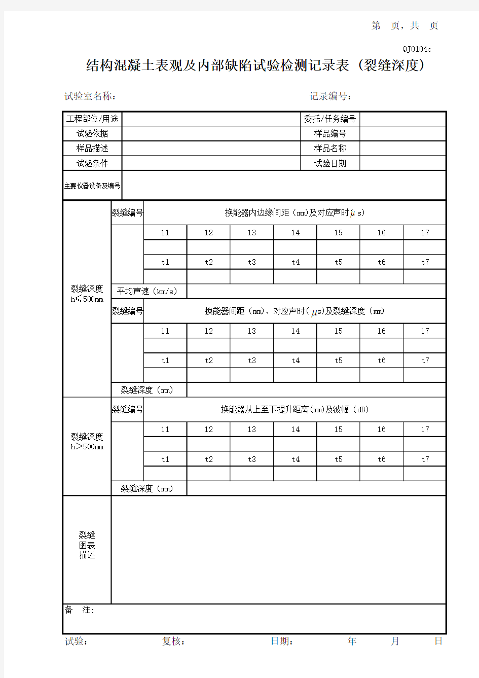 08结构混凝土表观及内部缺陷试验记录表 (裂缝深度)