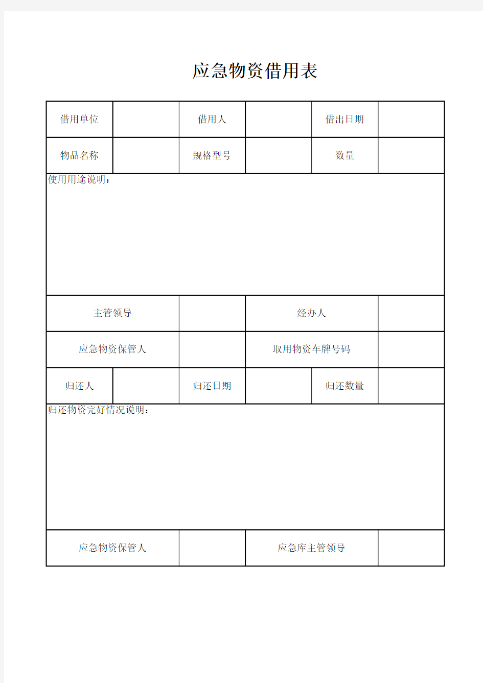 应急物资物品借用、归还申请表附