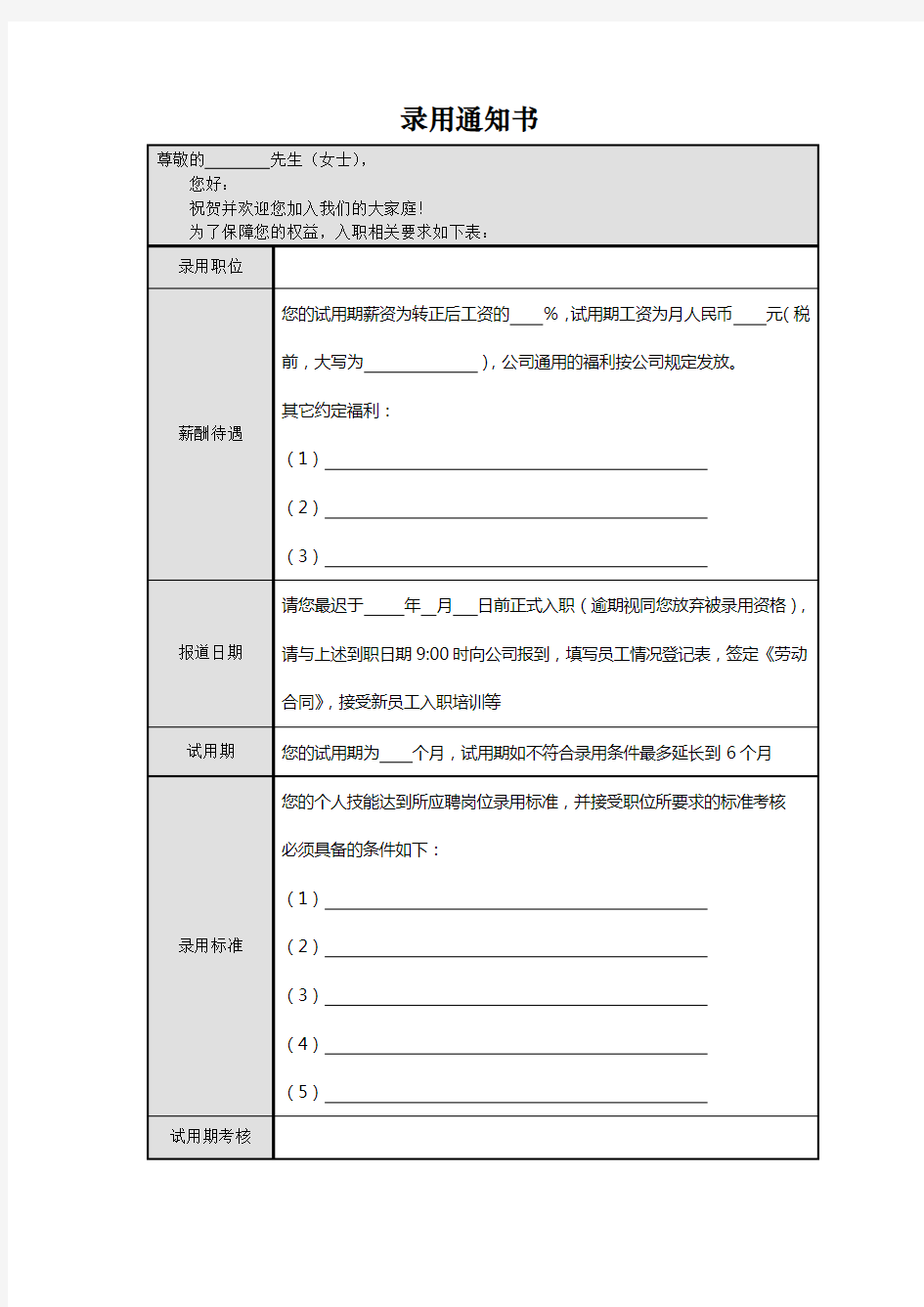 新员工入职录用通知书(免费下载)