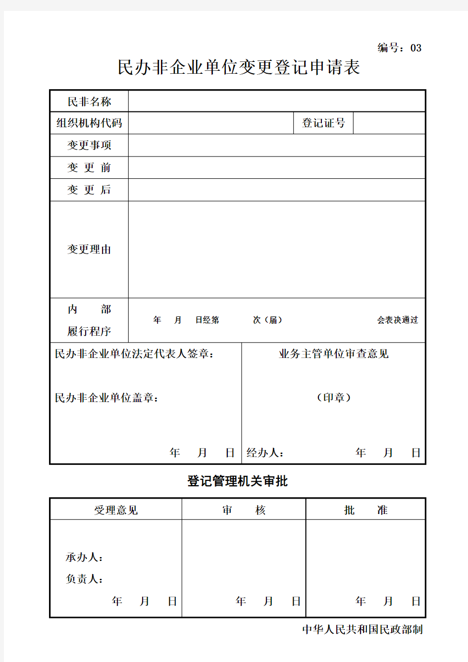 号民办非企业单位变更登记申请表