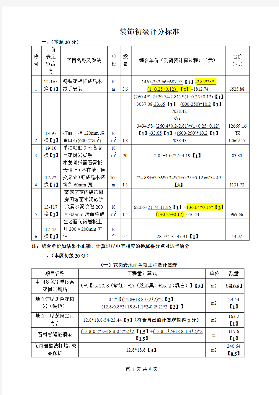 2011江苏造价员装饰试题答案及评分标准(初级)