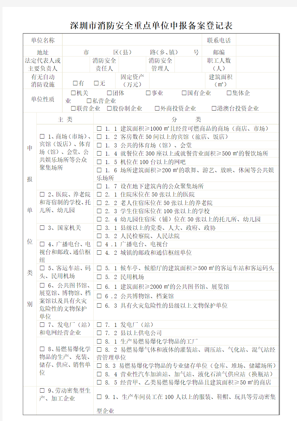 深圳市消防安全重点单位申报备案登记表
